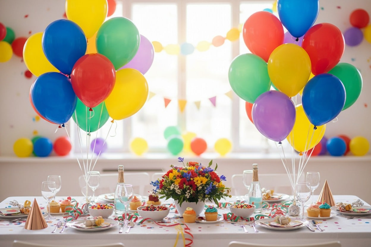 Una mesa de fiesta decorada con globos coloridos, confeti, un centro de flores y pequeños dulces.